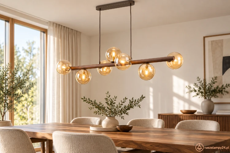 ESTERA WOOD 11096 to lampa nad stół z siedmioma punktami światła G9. Bursztynowe kule i drewno w kolorze orzecha nadają jej ciepły wygląd. Wymiary: 90 × 28 × 125 cm. Żarówki są sprzedawane osobno.