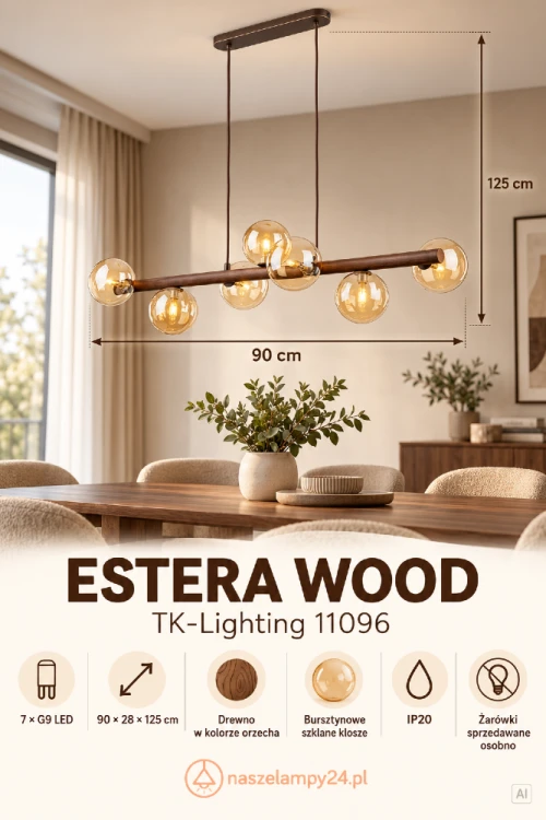 Szukasz lampy wiszącej do jadalni? ESTERA WOOD TK-Lighting 11096 łączy siedem bursztynowych kloszy z długą drewnianą belką. Pasuje do wnętrz z naturalnymi materiałami. Oprawki 7 × G9 LED, IP20.