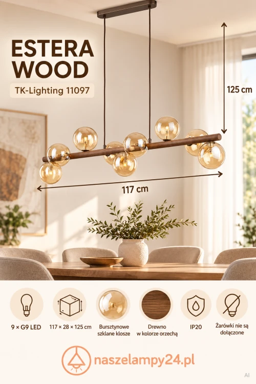Duża lampa wisząca ESTERA WOOD 9×G9 ma 117 cm długości i 125 cm wysokości. Dziewięć bursztynowych kloszy rozmieszczono wokół drewnianej belki. Model TK-Lighting 11097 jest przeznaczony do suchych wnętrz