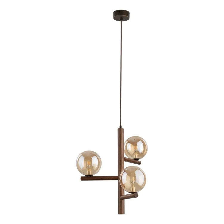 Lampa wisząca ESTERA WOOD TK-Lighting 11095 ma pionową konstrukcję z drewna w kolorze orzecha i 3 bursztynowe szklane klosze. Sprawdzi się nad okrągłym stołem, barkiem lub w kąciku jadalnianym.