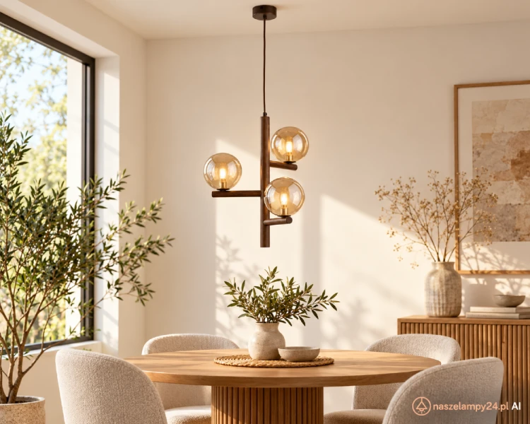 ESTERA WOOD 11095 to lampa wisząca 3×G9 LED do wnętrz nowoczesnych i skandynawskich. Trzy bursztynowe kule rozmieszczono na różnych wysokościach. Wymiary lampy: 33 × 33 × 100 cm.