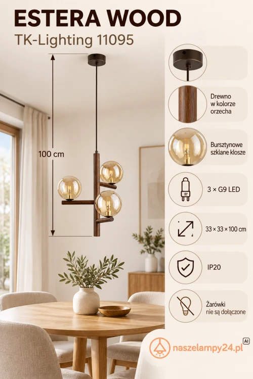 Szukasz lampy nad niewielki stół? ESTERA WOOD TK-Lighting 11095 łączy drewno w kolorze orzecha z bursztynowym szkłem. Ma 3 punkty światła G9, wysokość 100 cm i stopień ochrony IP20. Żarówki dokupisz osobno.