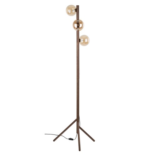 Lampa podłogowa ESTERA WOOD TK-Lighting 16151 ma drewniany stelaż w kolorze orzecha i 3 bursztynowe szklane klosze. Sprawdzi się przy sofie lub fotelu w salonie. Wysokość: 152 cm.
