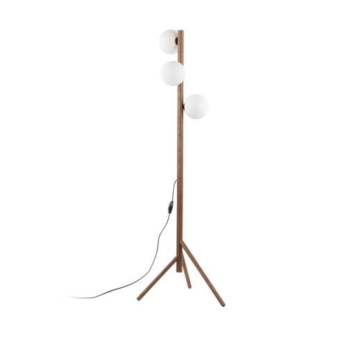 Lampa podłogowa ESTERA WOOD 16045 marki TK-Lighting łączy drewno w kolorze orzecha z trzema białymi szklanymi kloszami. Ma 152 cm wysokości, 3 oprawki G9 i włącznik na przewodzie. Sprawdzi się w salonie i sypialni. Żarówki kupisz osobno.