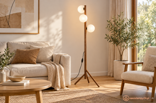 ESTERA WOOD 16045 to lampa podłogowa z trzema białymi kloszami ze szkła i stelażem w kolorze orzecha. Model TK-Lighting ma 152 cm wysokości oraz 3 miejsca na żarówki G9 LED do 8 W każda. Do salonu, sypialni i wnętrz skandynawskich.