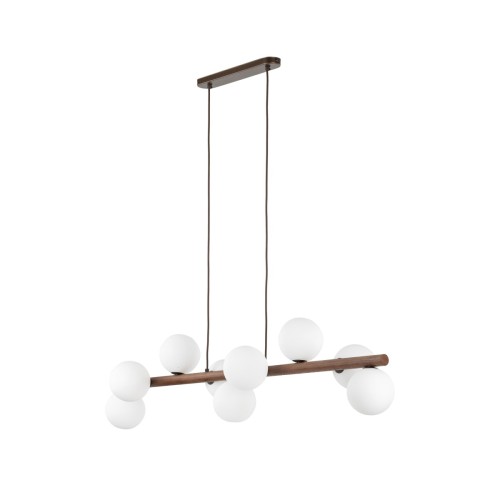 Lampa wisząca ESTERA WOOD 10273 marki TK-Lighting łączy drewno w kolorze orzecha z dziewięcioma białymi szklanymi kloszami. Ma 117 cm długości i oprawki 9 × G9. Sprawdzi się nad stołem w jadalni lub salonie. Żarówki kupisz osobno.