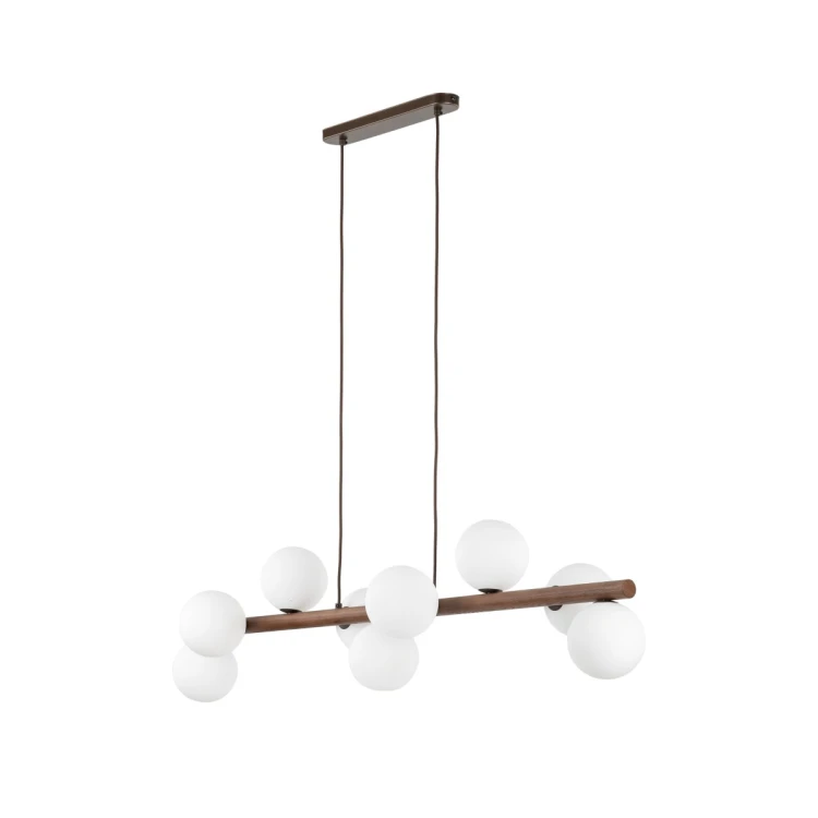 Lampa wisząca ESTERA WOOD 10273 marki TK-Lighting łączy drewno w kolorze orzecha z dziewięcioma białymi szklanymi kloszami. Ma 117 cm długości i oprawki 9 × G9. Sprawdzi się nad stołem w jadalni lub salonie. Żarówki kupisz osobno.