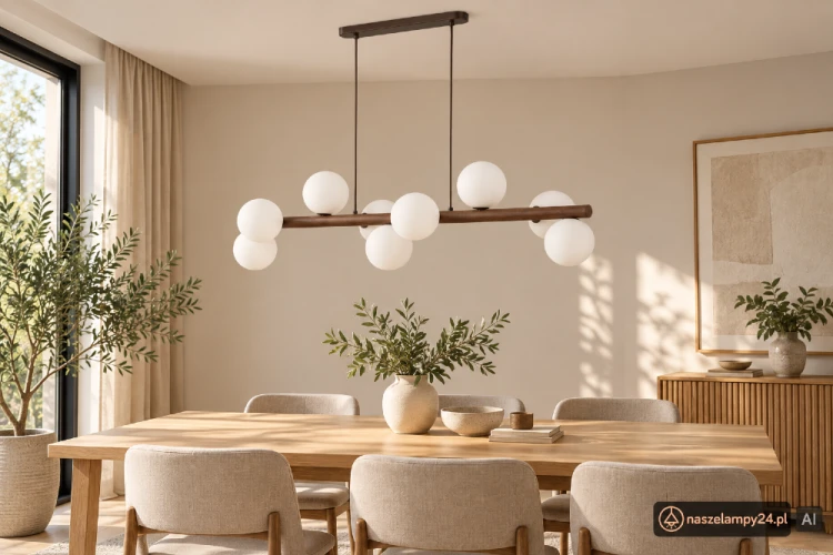 ESTERA WOOD 10273 to lampa sufitowa nad stół z podłużnym stelażem w kolorze orzecha i 9 białymi kulami ze szkła. Pasuje do nowoczesnej i skandynawskiej jadalni. Źródła światła G9 LED należy dokupić osobno.