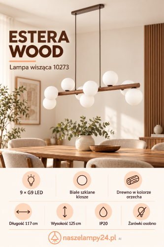 Szukasz lampy nad duży stół? ESTERA WOOD 10273 ma 117 cm długości, dziewięć białych szklanych kloszy i drewniany stelaż w odcieniu orzecha. Model TK-Lighting jest przystosowany do żarówek G9 LED o mocy do 8 W każda.