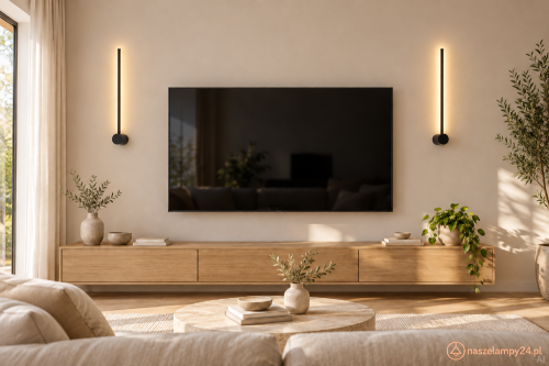 Czarny kinkiet LED VINTO o wysokości 60 cm podkreśli nowoczesną ścianę w salonie. Dwa kinkiety możesz zamontować po bokach telewizora. Model Italux WL-73526-60-BL oferuje 1100 lm, ciepłą barwę 3000 K i 5 lat gwarancji.