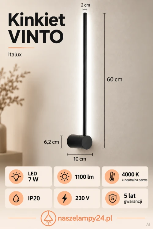 VINTO 60 cm to nowoczesny kinkiet z aluminium do oświetlenia ściany w salonie, sypialni lub przedpokoju. Zintegrowane LED 7 W emituje 1100 lm światła o neutralnej barwie 4000 K. Model WL-73526-60-4K-BL.