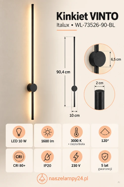 VINTO WL-73526-90-BL to aluminiowy kinkiet Italux do nowoczesnych wnętrz. Czarna oprawa ma 10 cm szerokości i 90,4 cm wysokości. Zintegrowane LED 10 W zapewnia 1600 lm światła o ciepłej barwie 3000 K.