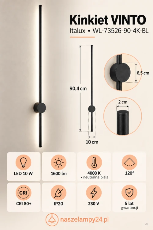 VINTO WL-73526-90-4K-BL to aluminiowy kinkiet Italux o wysokości 90,4 cm i szerokości 10 cm. Zintegrowane LED 10 W zapewnia 1600 lm światła 4000 K. Dwa kinkiety możesz zamontować po bokach telewizora.