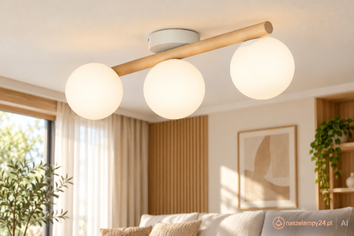 ESTERA WOOD 5768 to lampa sufitowa lub ścienna w stylu skandynawskim. Biała oprawa, sosnowa belka i trzy kuliste klosze tworzą lekką kompozycję. Wymaga 3 żarówek G9 LED do 8 W każda.