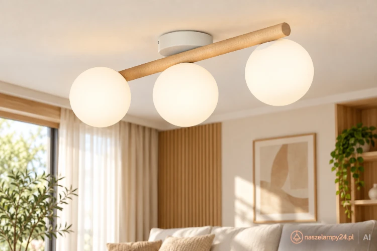 ESTERA WOOD 5768 to lampa sufitowa lub ścienna w stylu skandynawskim. Biała oprawa, sosnowa belka i trzy kuliste klosze tworzą lekką kompozycję. Wymaga 3 żarówek G9 LED do 8 W każda.