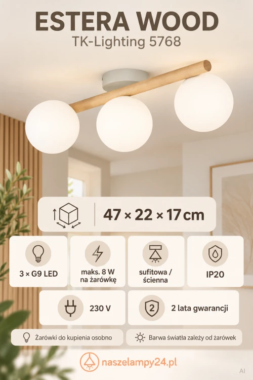 Szukasz lampy z drewnem i białymi kloszami? ESTERA WOOD TK-Lighting ma trzy szklane kule, sosnową belkę i wymiary 47 × 22 × 17 cm. Żarówki G9 dobierzesz do wybranej barwy światła.