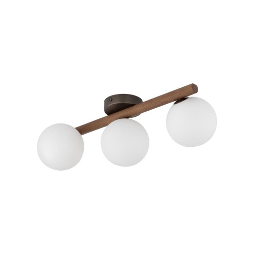 Lampa sufitowa ESTERA WOOD TK-Lighting 10269 łączy drewno w kolorze orzecha z trzema białymi szklanymi kulami. Ma 47 cm długości i trzy oprawki G9. Pasuje do sypialni, salonu i przedpokoju.