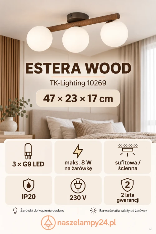 Szukasz lampy z drewnem i białymi kulami? ESTERA WOOD TK-Lighting ma wymiary 47 × 23 × 17 cm i trzy oprawki G9. Barwę światła wybierzesz przez dobór żarówek, które kupuje się osobno.