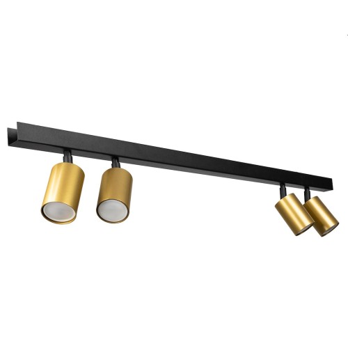 Lampa sufitowa HUDSON Milagro MLP0260 z czarną listwą i złotymi reflektorami. Cztery regulowane punkty GU10 doświetlą kuchnię, salon lub jadalnię. Szerokość 90 cm, IP20, maks. 4x8 W LED. Żarówki do kupienia osobno.