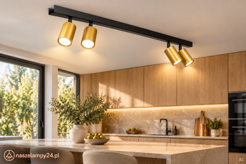 Czarno-złota lampa sufitowa HUDSON 4xGU10 Milagro to oświetlenie do nowoczesnych i loftowych wnętrz. Regulowane reflektory pozwalają skierować światło na stół, wyspę lub barek. Listwa 90 cm, wymienne żarówki LED, IP20.