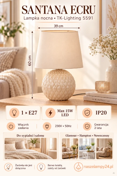 SANTANA ECRU 5591 TK-Lighting – dekoracyjna lampka nocna z jasnym abażurem. Ustaw ją na stoliku przy sofie lub łóżku. Wymiary 39 × 39 × 60 cm, 1×E27 LED max 15W, zasilanie 230V, włącznik i IP20. Barwa światła zależy od żarówki.