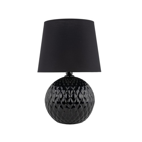 Lampka nocna SANTANA BLACK 16047 TK-Lighting łączy czarny abażur z połyskującą, zdobioną podstawą. Do sypialni i salonu. Wysokość 60 cm, szerokość 39 cm, 1×E27 LED max 15W, włącznik i IP20. Żarówka nie jest dołączona.