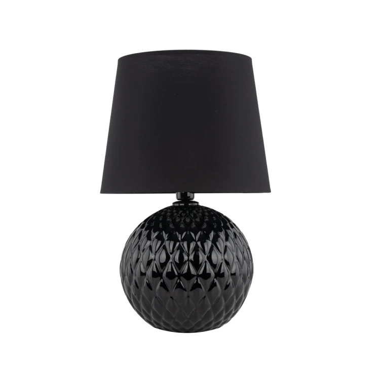 Lampka nocna SANTANA BLACK 16047 TK-Lighting łączy czarny abażur z połyskującą, zdobioną podstawą. Do sypialni i salonu. Wysokość 60 cm, szerokość 39 cm, 1×E27 LED max 15W, włącznik i IP20. Żarówka nie jest dołączona.