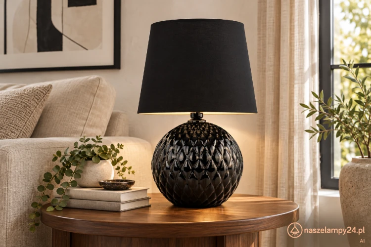 Czarna lampka SANTANA 16047 TK-Lighting pasuje do wnętrz glamour, loftowych i nowoczesnych. Ustaw ją przy łóżku, na komodzie lub obok sofy. Wymiary 39 × 39 × 60 cm. E27 LED max 15W, włącznik, IP20. Bez żarówki w zestawie.