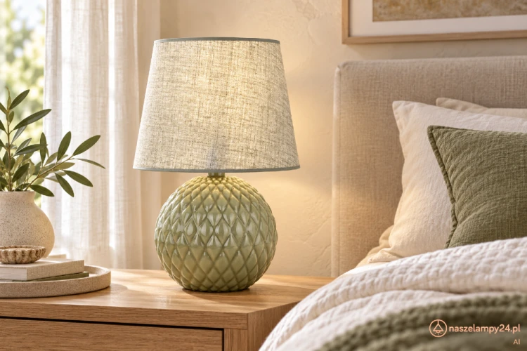 Oliwkowa lampka SANTANA 5903 TK-Lighting to dekoracyjne oświetlenie na stolik nocny, komodę lub stolik przy sofie. Połyskująca podstawa z wypukłym wzorem i jasny abażur podkreślają przytulny wystrój. Źródło światła: 1×E27.