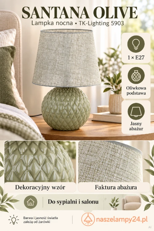 Lampka stołowa SANTANA 5903 TK-Lighting w kolorze oliwkowym pasuje do wnętrz inspirowanych naturą. Zaokrąglona, połyskująca podstawa i jasny abażur ozdobią stolik przy łóżku lub sofie. Oprawka 1×E27 umożliwia wybór źródła światła.