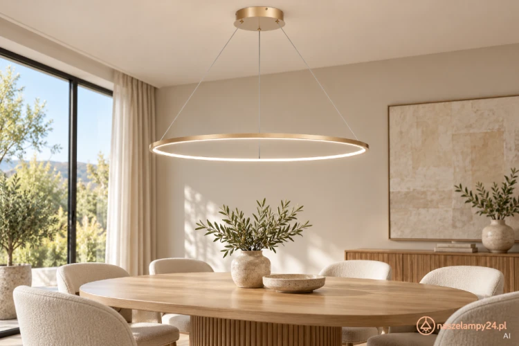 Lampa sufitowa SATURNO LED 57W to nowoczesny model w formie złotego pierścienia 100 cm. Jasność 3100 lm i barwa 4000K gwarantują funkcjonalne światło. IP44 umożliwia montaż w łazience, a regulacja wysokości dopasowanie do wnętrza.