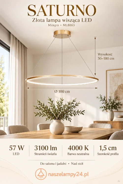 SATURNO ML8863 to designerska lampa LED 57W w kolorze złotym. Średnica 100 cm i 3100 lm zapewniają efektowne oświetlenie. Neutralna barwa 4000K sprawdzi się w salonie, jadalni i kuchni. Regulowana wysokość i IP44 zwiększają komfort użytkowania.