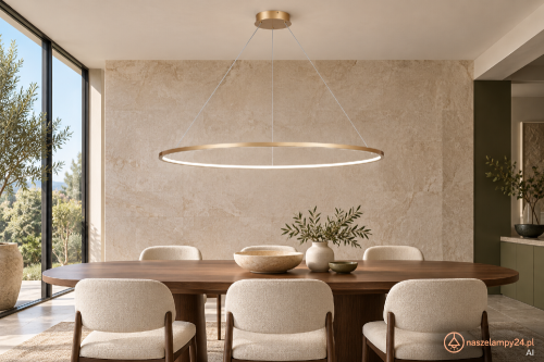 Lampa SATURNO ML8865 Milagro w kolorze złotym podkreśli wystrój jadalni i salonu. Pierścień Ø120 cm, LED 65 W, 3500 lm i światło 4000 K. Wysokość regulowana 50–100 cm. Wykonanie: aluminium i tworzywo sztuczne.