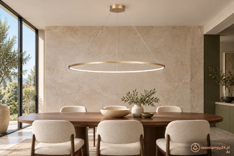 Lampa SATURNO ML8865 Milagro w kolorze złotym podkreśli wystrój jadalni i salonu. Pierścień Ø120 cm, LED 65 W, 3500 lm i światło 4000 K. Wysokość regulowana 50–100 cm. Wykonanie: aluminium i tworzywo sztuczne.