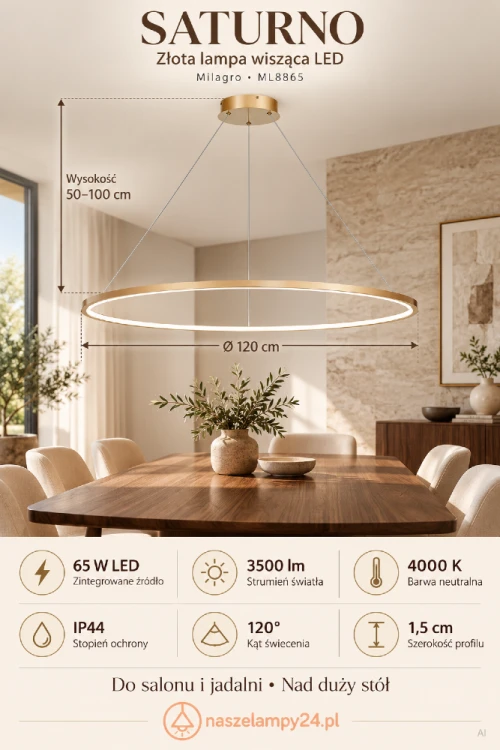 SATURNO Milagro ML8865 – złoty ring LED Ø120 cm nad duży stół lub wyspę kuchenną. Zintegrowane źródło 65 W emituje 3500 lm światła o barwie 4000 K. Regulacja wysokości 50–100 cm, IP44 i kąt świecenia 120°.