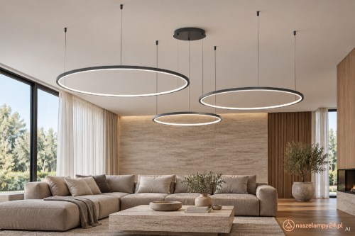 SATURNO ML0846 Milagro – nowoczesna lampa z trzema czarnymi ringami LED 100, 80 i 60 cm. Kaskadowy układ podkreśla wystrój salonu i jadalni. LED 100 W, strumień 4500 lm, barwa 4000 K. Wysokość regulowana 20–130 cm.