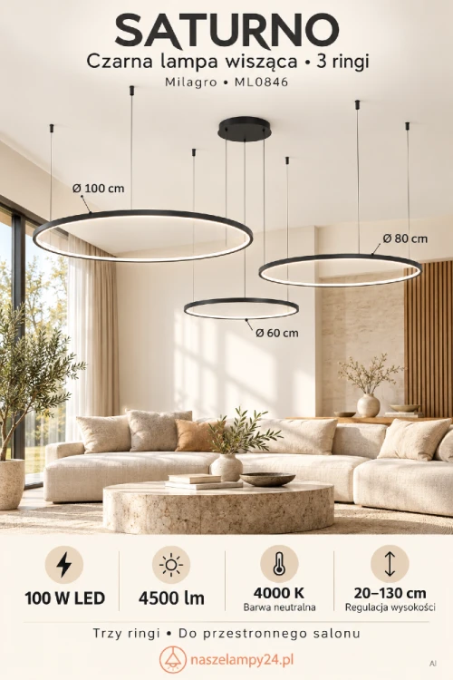 Lampa sufitowa SATURNO ML0846: trzy czarne pierścienie LED Ø100, Ø80 i Ø60 cm. Światło neutralne 4000 K, moc 100 W i strumień 4500 lm. Smukły profil o wysokości 1,5 cm. Regulowane zawieszenie 20–130 cm do salonu i jadalni.