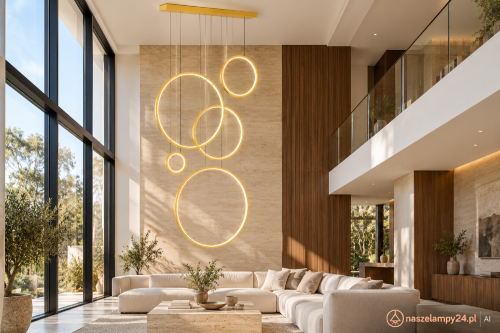 SATURNO ML2325 Milagro – złota lampa z pięcioma ringami LED w kaskadowym układzie. Do antresoli, wysokiego holu i przestrzeni nad schodami. LED 100 W, 4000 lm, barwa neutralna 4000 K. Wysokość regulowana od 120 do 350 cm.