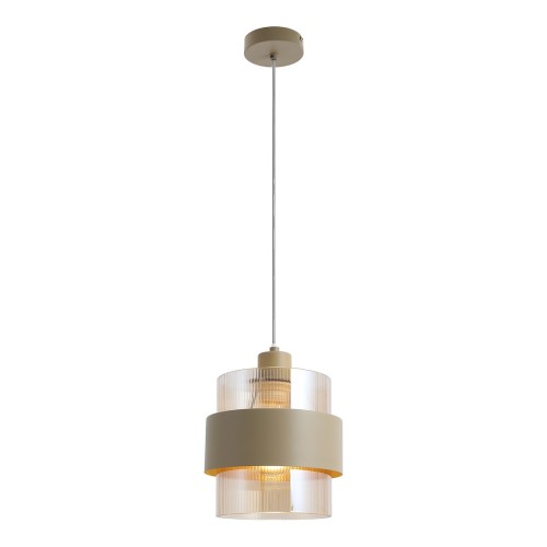 Beżowa lampa wisząca VALENTINO Milagro ML2238 z transparentnym, ryflowanym kloszem i metalową opaską. 1×E27 LED max 15 W, IP20. Średnica 18 cm, wysokość 120 cm. Nad blat, stół i stolik nocny. Żarówka do kupienia osobno.