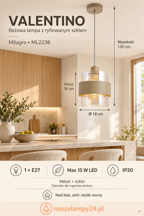 Lampa sufitowa VALENTINO Milagro ML2238 łączy beżowy metal z transparentnym szkłem. Ryflowany klosz Ø18 cm ozdobiono metalową opaską. Wysokość 120 cm, 1×E27 max 15 W LED, IP20. Do salonu i nad wyspę kuchenną.