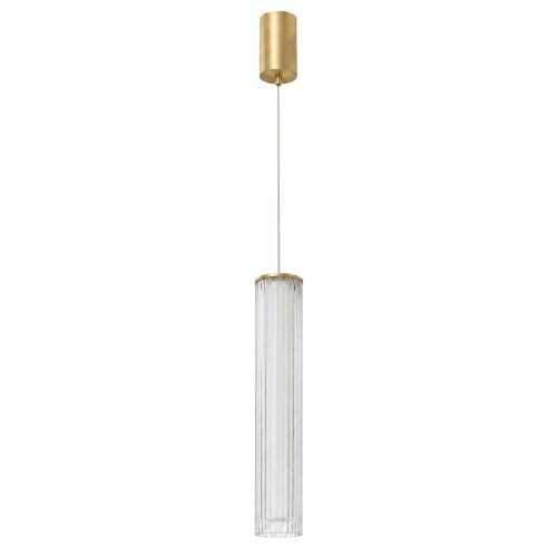 Złota lampa wisząca TRIVIA GOLD Milagro ML2729 z ryflowanym kloszem z akrylu. LED 10 W, CCT 2700/3000/4000 K, IP44. Wysokość regulowana 40–120 cm, klosz 30 cm, średnica 6 cm. Do łazienki przy lustrze i sypialni.