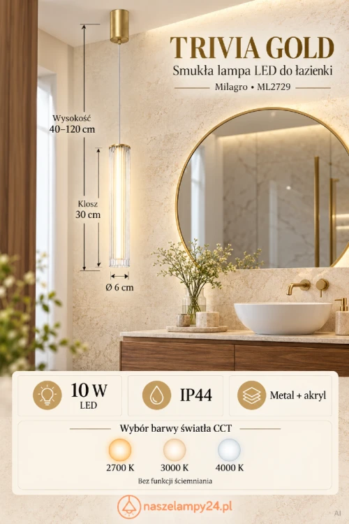 Lampa wisząca TRIVIA Milagro ML2729: szczotkowane złoto, ryflowany klosz i LED 10 W. Wybór barwy CCT 2700/3000/4000 K. IP44 do aranżacji łazienki przy lustrze. Regulacja wysokości 40–120 cm, klosz 30×6 cm.