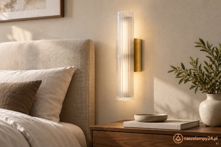 Kinkiet łazienkowy TRIVIA ML2723: złote wykończenie, ryflowany akryl i LED 6 W. Funkcja CCT umożliwia wybór barwy 2700/3000/4000 K. IP44, klosz długości 30 cm i średnicy 6 cm. Metal i akryl. Model nieściemnialny.