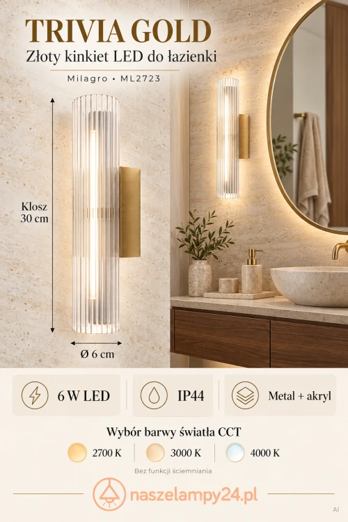 Milagro TRIVIA GOLD ML2723 – złoty kinkiet przy lustro i do sypialni. Zintegrowane LED 6 W, trzy barwy CCT: 2700, 3000 i 4000 K. Smukły klosz z ryflowanego akrylu ma długość 30 cm i średnicę 6 cm. IP44, CRI >80.