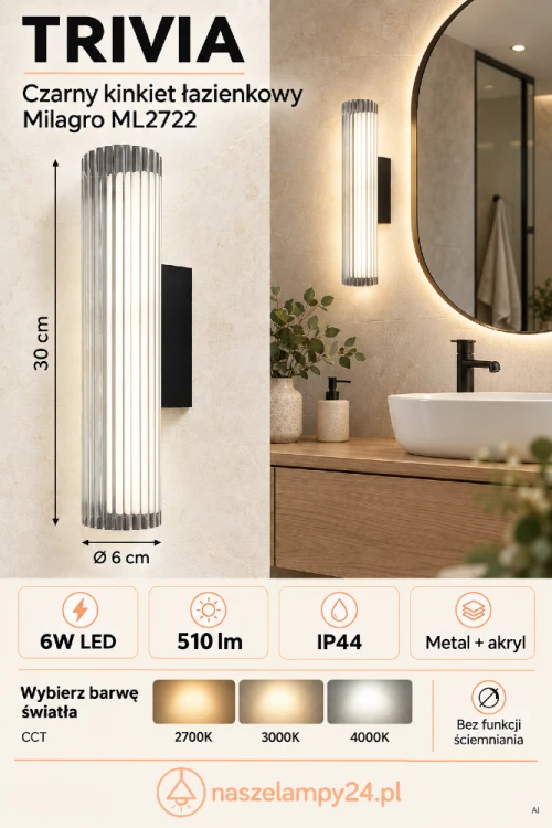 Oświetlenie lustra z kinkietem TRIVIA ML2722 Milagro. Czarna oprawa, ryflowany klosz 30 cm i LED 6W 510 lm. Wybierz ciepłą lub neutralną barwę: 2700K, 3000K, 4000K. Stopień ochrony IP44. AI