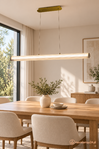 Złota lampa sufitowa TRIVIA Milagro ML2732 łączy ryflowany akryl ze szczotkowanym złotem. Szerokość 120 cm, LED 16W, IP44 i wybór trzech barw CCT. Regulowana wysokość 30–120 cm. AI