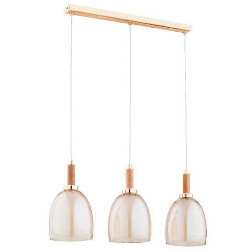 Lampa wisząca LISSY Alfa 62489: złota listwa, jasne drewno i podwójne klosze w kolorze białym i bursztynowym. Model 3xE27 LED max 15W na żarówkę, szerokość 75 cm. Eleganckie oświetlenie nad stół w jadalni lub wyspę kuchenną.