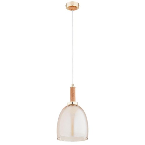 Lampa wisząca LISSY Alfa 61397 1xE27 łączy złote wykończenie, jasne drewno i podwójny klosz: biały wewnątrz, bursztynowy na zewnątrz. Eleganckie oświetlenie nad stół, wyspę kuchenną lub stolik nocny w sypialni.