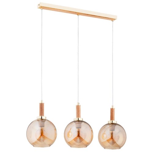 Lampa wisząca HETTY Alfa 62487: złota listwa, jasne drewno i trzy bursztynowe kule. Eleganckie oświetlenie nad stół, wyspę lub barek. Długość 80 cm, szerokość 25 cm, wysokość 90 cm. Oprawki 3xE27, max 15 W LED każda. IP20.