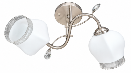 Lampa sufitowa NAOMI Venti W-2335/2: srebrna armatura i dwa białe klosze z przezroczystą, falowaną obwódką. Do salonu, sypialni i przedpokoju. Szerokość 49 cm, wysokość 24 cm. Oprawki 2xE27 max 60 W każda, IP20. Bez żarówek.